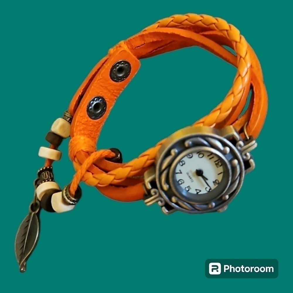 3/$30 Vintage Orange Boho Leather Beaded Watch Bracelet
